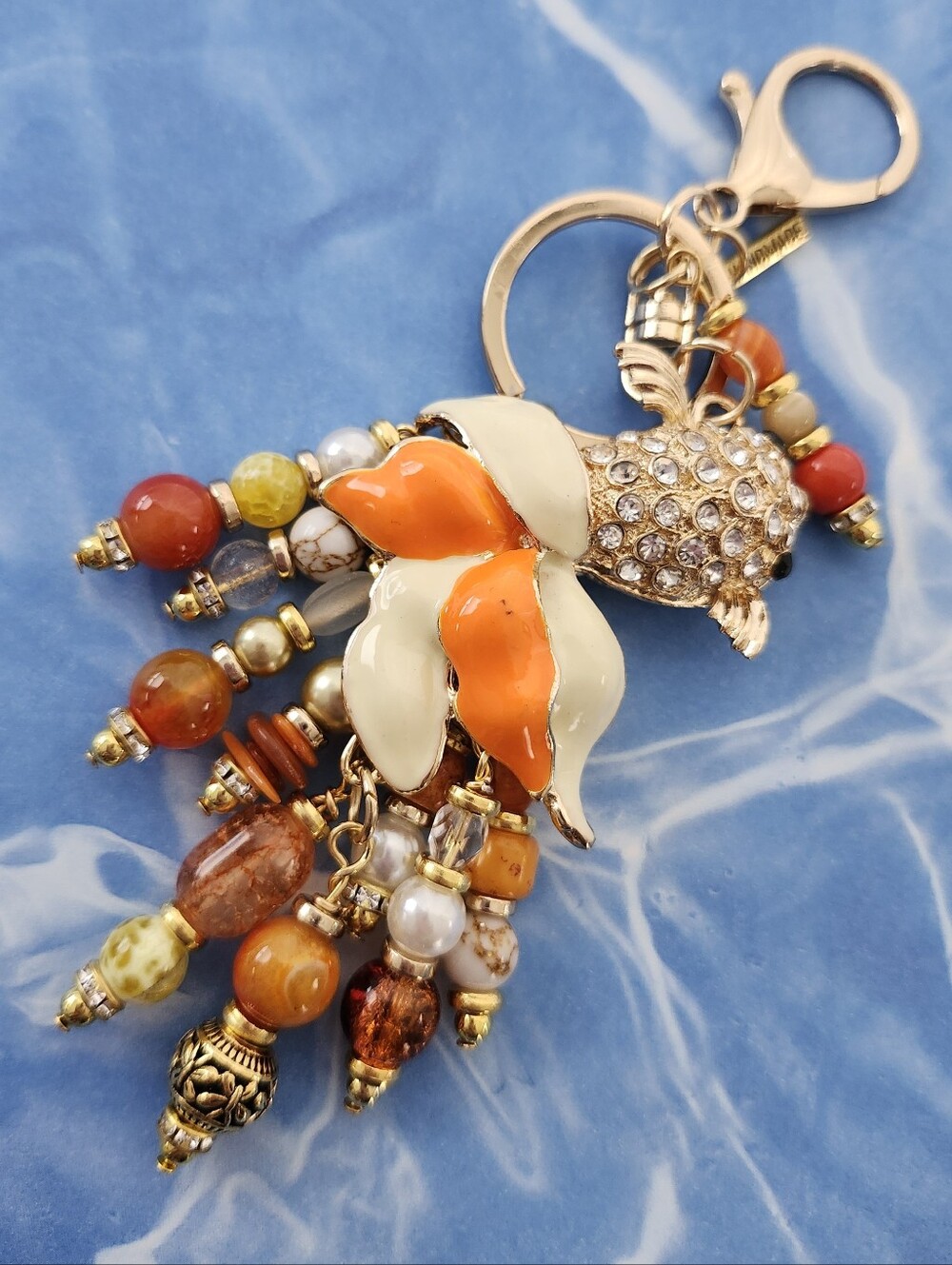 Goldfish Fantail Purse Charm Rhinestone Fire Agate Jasper Handcrafted
